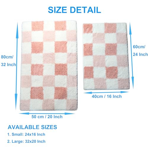 Pink Checkerboard Bath Mat, Soft Microfiber Bathroom Rug, Non-Slip TPR Backing, Absorbent Machine Washable Bath Rug for Shower Tub Sink Bedroom Kitchen Indoor Home Decor,32x20 Inch - color: Pink Checkerboard, size: 31.5" x 19.7" (Rectangular)