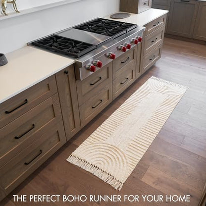 Beautiful 2x6 ft Boho Runner Rug with Tassels - Soft Cotton for Hallway - color: Cream, size: 2' x 6' (Rectangular)