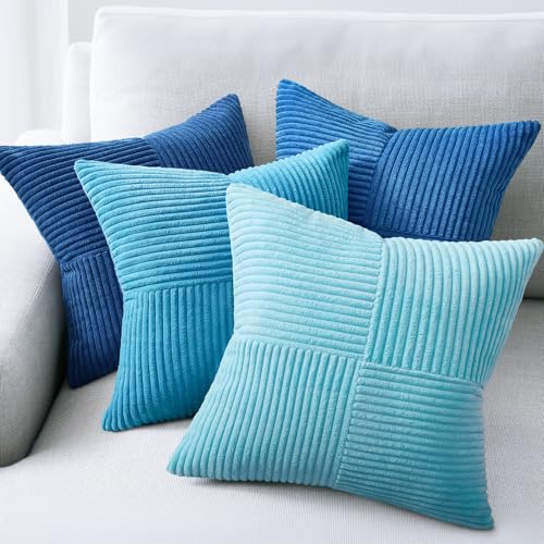 Topfinel Light Blue Decorative Throw Pillow Covers,20x20 Pillow Covers Set of 4 with Striped Corduroy,Boho Soft Accent Cushion Covers for Couch,Bed,Living Room Home Decor - color: Light Blue, size: 20" x 20" (Pack of 4)