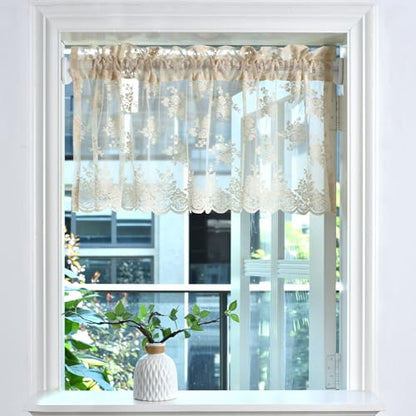Kotile Beige Lace Valance Curtain for Kitchen Window W52 x L18 Inch 1 Panel - color: Beige