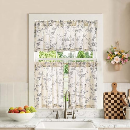 jinchan Black Linen Floral Kitchen Tier Curtains and Valance Set 3 Pieces - color: Alisa | Black on Linen, size: 26"W x 24"L (Pack of 3)