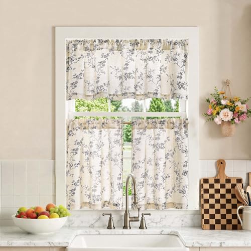 jinchan Black Linen Floral Kitchen Tier Curtains and Valance Set 3 Pieces - color: Alisa | Black on Linen, size: 26"W x 24"L (Pack of 3)
