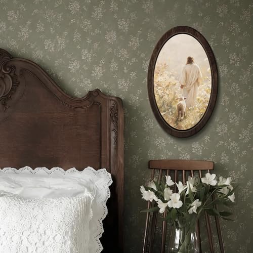 YZSLA Christian Wall Art Decor, Jesus and Lamb Rustic Framed Oval Wall Art - color: Jesus-2