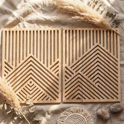 Wesiti 4 Pcs Wooden Mountain Wall Art Decor Large Abstract Wall Art for Living Room Modern Wood Panel Line Sculptures Nature Rustic Forest Hanging Decor for Office Bedroom Bathroom 15.7 x 12.2''