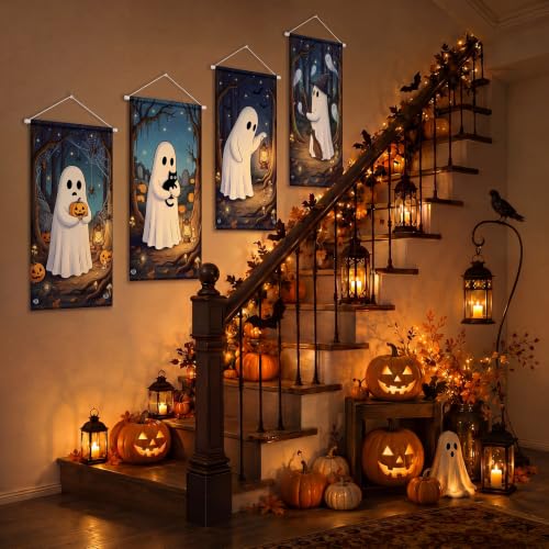 4 Pcs Halloween Ghost Tapestry Banners, Porch Hanging Decor