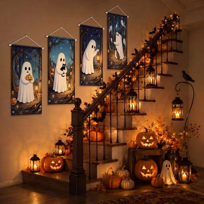 4 Pcs Halloween Ghost Tapestry Banners, Porch Hanging Decor