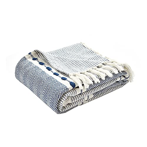 Lush Decor Herringbone Stripe Woven Tassel Yarn Dyed Cotton Tassel Throw Blanket 50" W x 60" L Navy & White - Striped Throw Blankets - Blue Couch Blanket - color: Herringbone Stripe Navy
