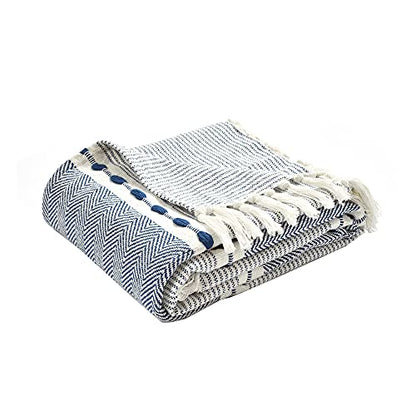 Lush Decor Herringbone Stripe Woven Tassel Yarn Dyed Cotton Tassel Throw Blanket 50" W x 60" L Navy & White - Striped Throw Blankets - Blue Couch Blanket - color: Herringbone Stripe Navy