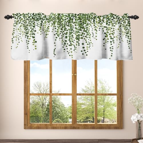 Renaiss 42 x 12 Inch Green Leaf Window Valance for Cafe Kitchen Spring Botanical Short Curtains Farmhouse Thermal Insulated Window Treatment Bathroom Basement RV Camper Valance Drapes with Rod Pocket - color: Moss Green, size: 42"W x 12"L (Pack of 1)