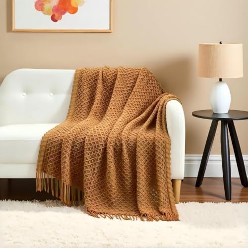 CREVENT Farmhouse Boho Knitted Throw Blanket for Couch Sofa Chair Bed Home Decoration, Soft Warm Cozy Light Weight for Spring Summer Fall (50''X60'' Light Brown) - color: Light Brown, size: 50inchx60inch