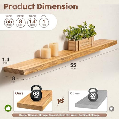 fuqing Live Edge Floating Shelves for Wall, 55 Inch Solid Elm Wood Shelves - color: Natural Elm Live Edge - 8"d, size: 55"L - 1Pack