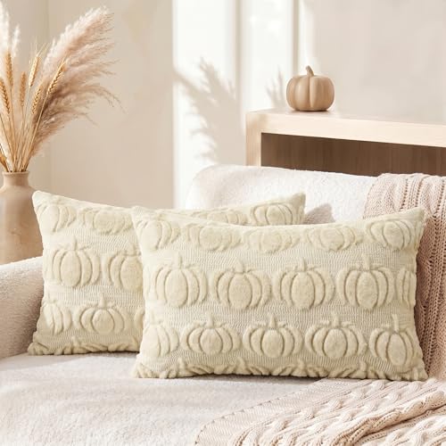 AVOIN colorlife Beige Fall Pumpkin Throw Pillow Covers 12x20 Inch - color: Beige, size: 20" x 12" (Pack of 2)