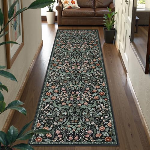 Lahome Botanical Kitchen Runner Rug, 2.6x8 Dark Floral Washable Runner Rug - color: Black, size: 2'6'' x 8'