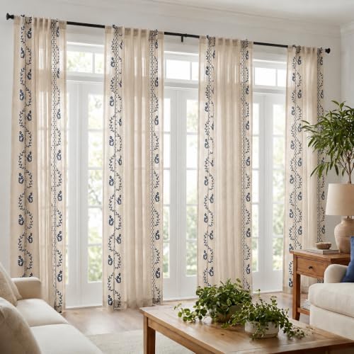 Deconovo Floral Linen Sheer Curtains 96 Inch Long for Living Room 2 Panels - color: Blue/Meadow Floral/Back Tab, size: 50"W x 96"L (Pack of 2)