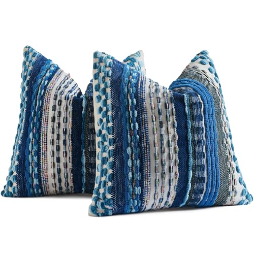 AmHoo Set of 2 Chenille Tufted Striped Textured Boho Throw Pillow Covers Aesthetic Woven Decorative Pillow Case for Couch Bed Sofa Bedroom Modern Funky 18 x 18-Inch Sodalite Blue - color: Sodalite Blue, size: 18" x 18" (Pack of 2)