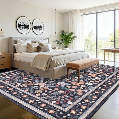 GarveeHome Area Rugs 9x12 Living Room Floral Machine Washable Black - color: Black, size: 9' x 12' (Rectangular)