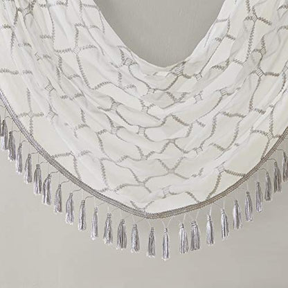 Madison Park Diamond Embroidered Sheer Ascot Valance, 38x46 White/Grey - color: White/Grey, size: 38"W x 46"L (Pack of 1)