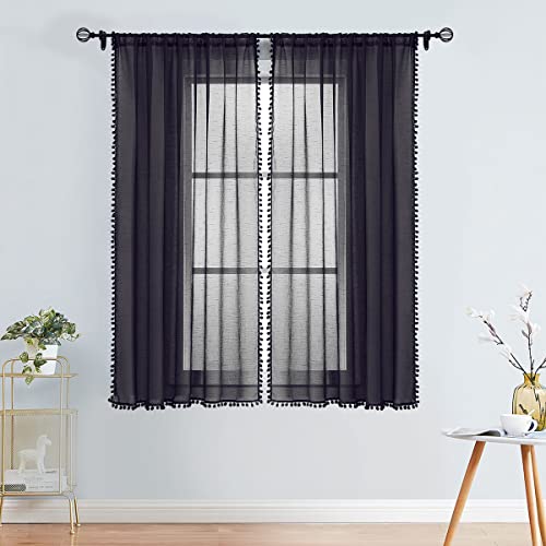 Black Pom Pom Sheer Curtains for Bedroom 52x63" Voile Draperies Guest Room - color: Modern Black, size: 52"W x 63"L (Pack of 2)