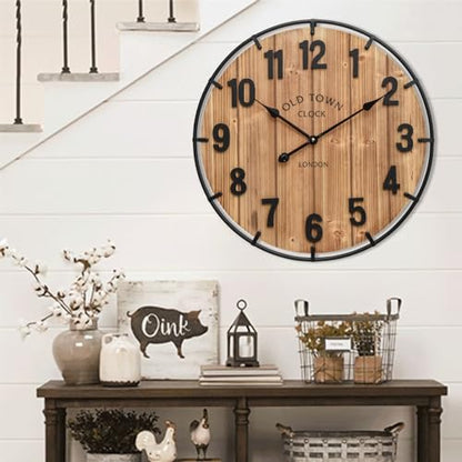 EMAX HOME Large Old Town Farmhouse Wall Clock 24 Inch Rustic Antique Wood with Metal Circle and Large Numerals Silent Battery Operated Wall Clock for Office Kitchen Bedroom Living Room - color: Brown, size: 24 Inch