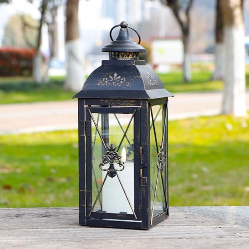 TRIROCKS Decorative Hanging Lantern 16'' High Vintage Metal Candle Holder with Tempered Glass Perfect for Living Room Garden Yard Patio Parties Events Indoors Outdoors (Black) - color: Black, size: Medium