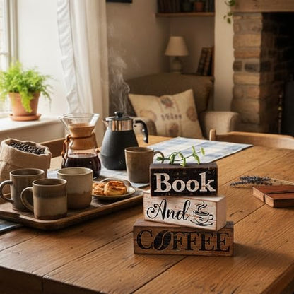 Moucuny 4 Pcs Farmhouse Table Decor Rustic Wooden Book and Coffee Signs - style: Coffee