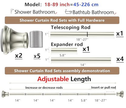 Brushed Nickel Tension Shower Curtain Rod – Adjustable 18-89 Inches, Fits 20-88 Inch Spaces, No Drill Rust Resistant Spring Rod for Bathroom, Kitchen, Bedroom, Balcony - color: Brushed Nickel, size: 18-89 inch