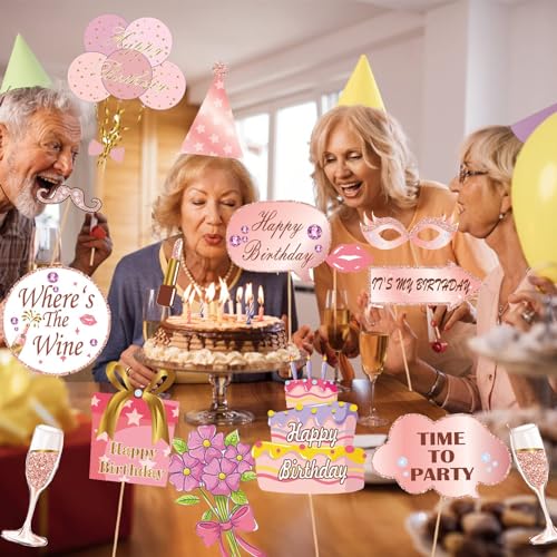 33PCS Glitter Birthday Photo Booth Props, LMSHOWOWO Rose Gold Party Photobooth Props Fun Selfie Props with Lips, Crowns, Flowers, Lipsticks for All Ages Girls Women Birthday Decorations