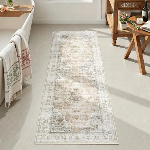 Uphome Bathroom Rugs Runner, Distressed Farmhouse Boho Light Khaki Bath Mat, Non Slip Washable Long Bath Rugs, Vintage Traditonal Soft Velvet Bathroom Runner for Bathtub Sink Shower, 20x60 inch - color: Light Khaki, size: 20 x 60 inch (Rectangular)