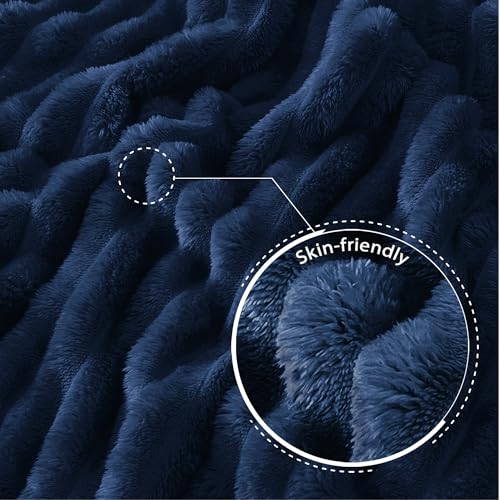 Exclusivo Mezcla Striped Queen Size Fleece Blanket for Bed, Couch, 90"x90" - color: Navy Blue, size: Queen ( 90x90 IN )