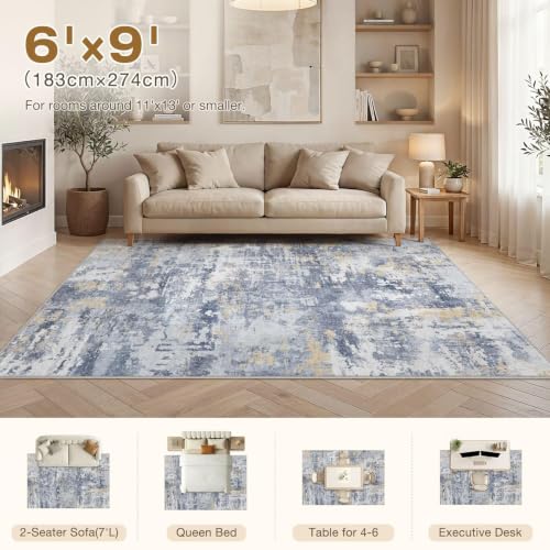 cotiled 6x9 Area Rugs Living Room: Washable Abstract Rug Blue Gold - color: Blue/Gold, size: 6' x 9' (Rectangular)