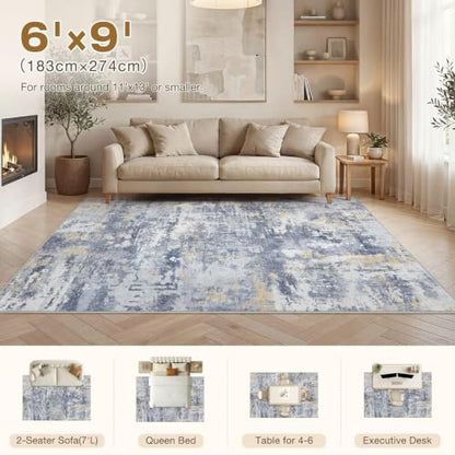cotiled 6x9 Area Rugs Living Room: Washable Abstract Rug Blue Gold - color: Blue/Gold, size: 6' x 9' (Rectangular)