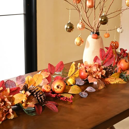DecorbyHannah 6ft Fall Garland for Mantle with Lights & Leaves Pomegranate