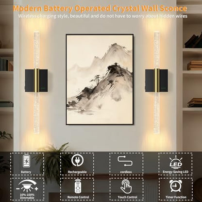 Battery Operated Sconces Set of 2, 28in Rechargeable Wireless Wall Lights - color: Black