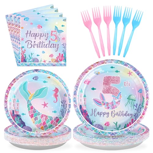 Grencian 96 Pcs Mermaid 5th Birthday Party Decorations for Girls, Serves 24 - style: Mermaid 5th Kit