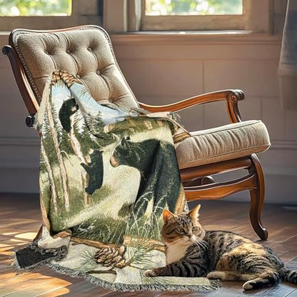 Log Cabin Bear Family Woven Tapestry Throw Blanket 50"x60" - color: Bear Family