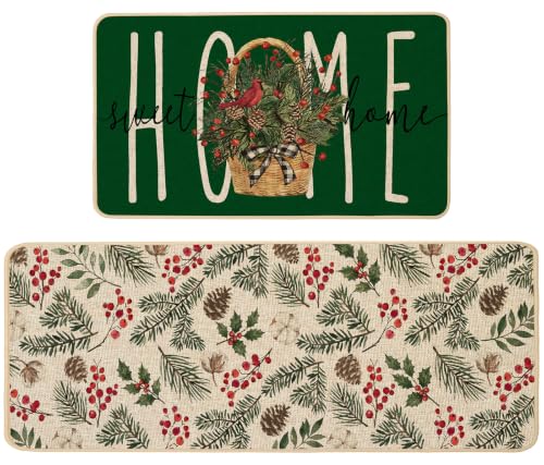 Baccessor Green Christmas Kitchen Rugs Winter Set of 2 17x29 and 17x47 Inch - color: Green Home Sweet Home