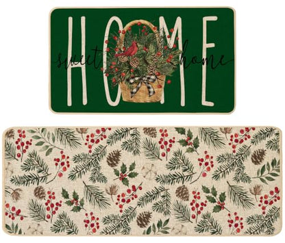 Baccessor Green Christmas Kitchen Rugs Winter Set of 2 17x29 and 17x47 Inch - color: Green Home Sweet Home