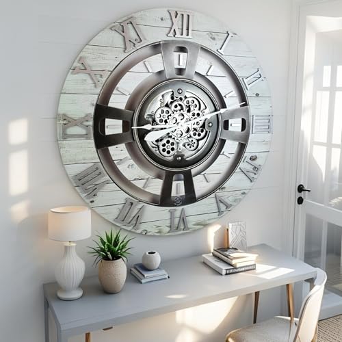 ImprovingLife The Gears Clock Real Moving Gear Wall Clock England Line (White Farmhouse, 24 inches (60 cm)) - color: White Farmhouse, size: 24 inches (60 cm)
