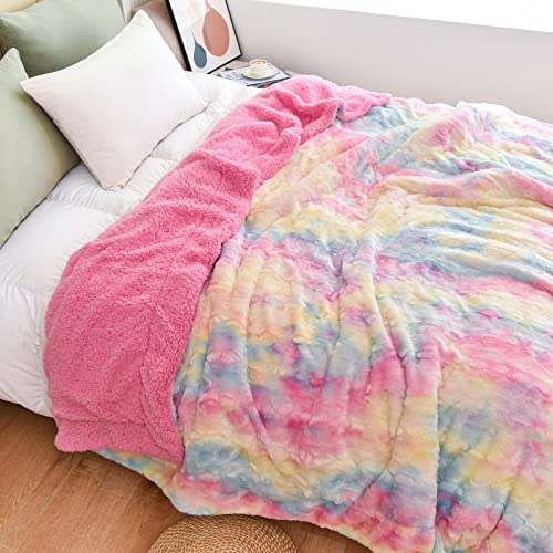 NEWCOSPLAY Faux Fur Sherpa Queen Blanket for Couch, Light Rainbow, 90"x90" - color: Light Rainbow, size: Queen(90"x90")