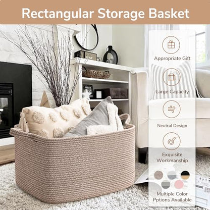 Goodpick Large Woven Rope Blanket Basket, Rectangle, Brown, 75L - color: Brown, size: Large(21.6"L x 14.9"W x 11.8"H)