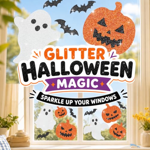 Glitter Halloween Window Clings Decor, Cute Ghost Pumpkin Stickers Decals - color: Halloween Glitter