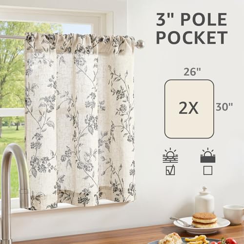 jinchan Floral Linen Kitchen Tier Curtains, 30 Inch, 2 Panels, Black - color: Alisa Black, size: 26"W x 30"L (Pack of 2)