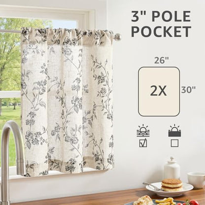jinchan Floral Linen Kitchen Tier Curtains, 30 Inch, 2 Panels, Black - color: Alisa Black, size: 26"W x 30"L (Pack of 2)