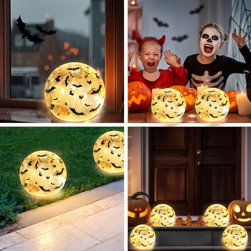 Rossesay 2 Pcs Halloween Glass Ball Lights 3.9 Inch Bat LED Globe Lights