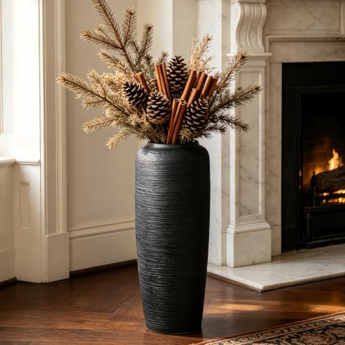 Black Rustic Ceramic Floor Vase, 19.7 Inch, Ribbed Texture - size: 19.7 Inch
