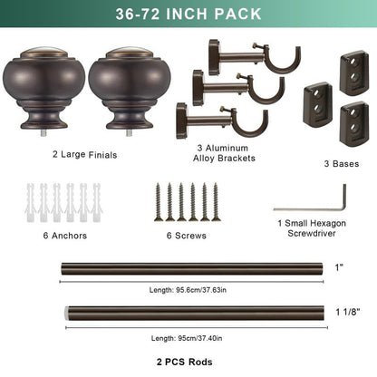 1 1/8 Inch Heavy Duty Curtain Rods, Single Curtain Rod for Window 36-72 Inch(3-6ft), Telescoping Drapery Rods with Classic Finials and Adjustable Aluminum Alloy Brackets, Antique Brown - color: Antique Brown, size: 36-72"