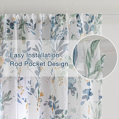 MYSKY HOME Yellow and Blue Sheer Floral Curtains 102 Inch Length 2 Panels - color: A-yellow & Blue, size: 52"W x 102"L (Pack of 2)