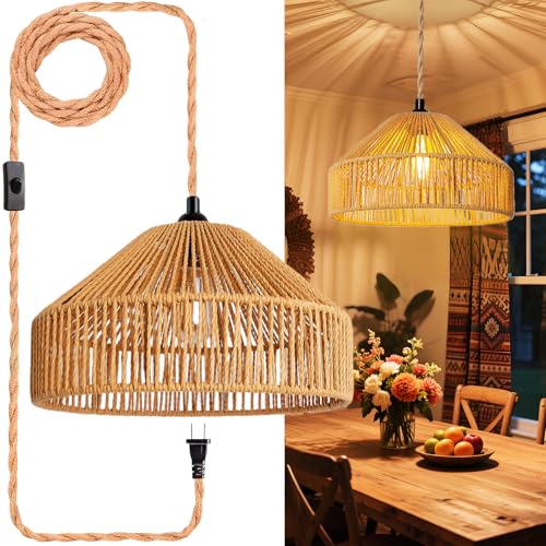 Maliralt Hanging Lamps Rattan Pendant Light Hanging Lights 16.4ft Plug in Cord Pendant Light Fixture Plug Into Wall Outlet Pendant Lighting with On Off Switch for Bedroom Living (Mongolian Yurt) - size: 12.8 Inch - Mongolian Yurt