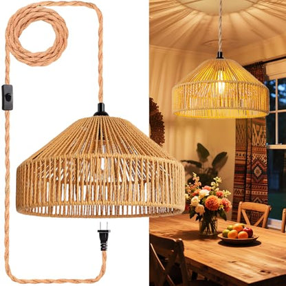 Maliralt Hanging Lamps Rattan Pendant Light Hanging Lights 16.4ft Plug in Cord Pendant Light Fixture Plug Into Wall Outlet Pendant Lighting with On Off Switch for Bedroom Living (Mongolian Yurt) - size: 12.8 Inch - Mongolian Yurt