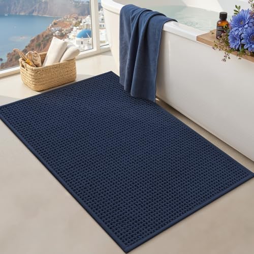 Color&Geometry Dark Blue 30x17 Waffle Bath Mat, Non Slip Bathroom Rug - color: Dark Blue, size: 17"x30"